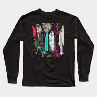 Feathers Pink, Turquoise, Grey and Gold Specks Long Sleeve T-Shirt